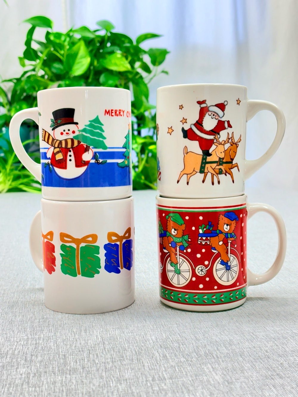 Vintage Nick Kouretas Christmas mugs set of 4 1980s Retro Holiday Kitsch